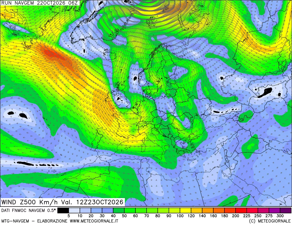 mappa Direzione e forza del vento a 500hPa