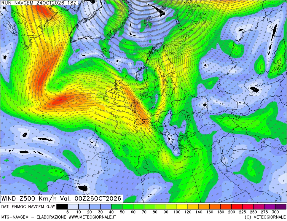 mappa Direzione e forza del vento a 500hPa