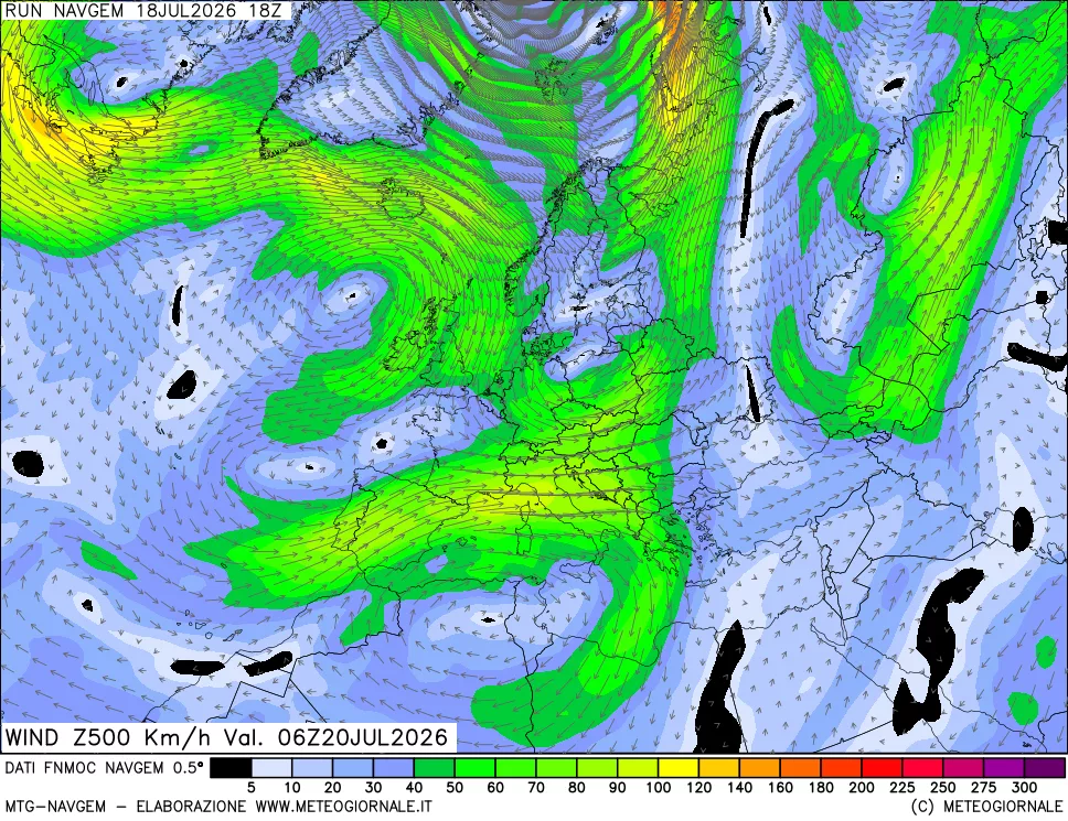 mappa Direzione e forza del vento a 500hPa