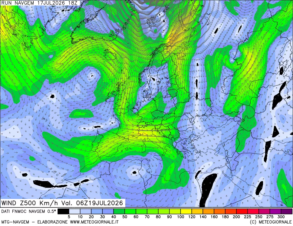 mappa Direzione e forza del vento a 500hPa