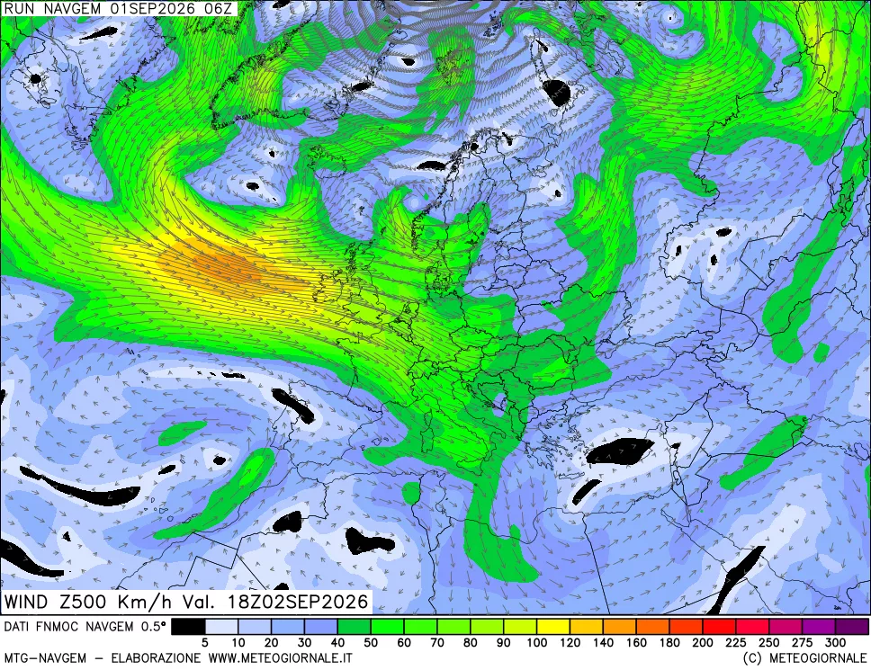 mappa Direzione e forza del vento a 500hPa