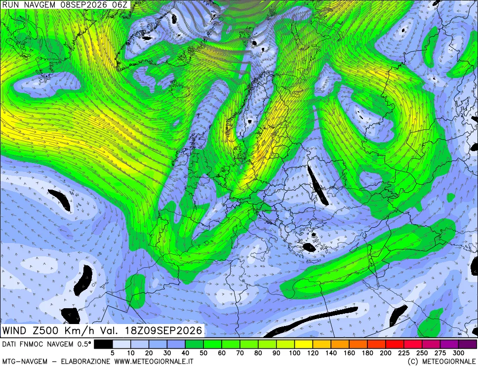 mappa Direzione e forza del vento a 500hPa