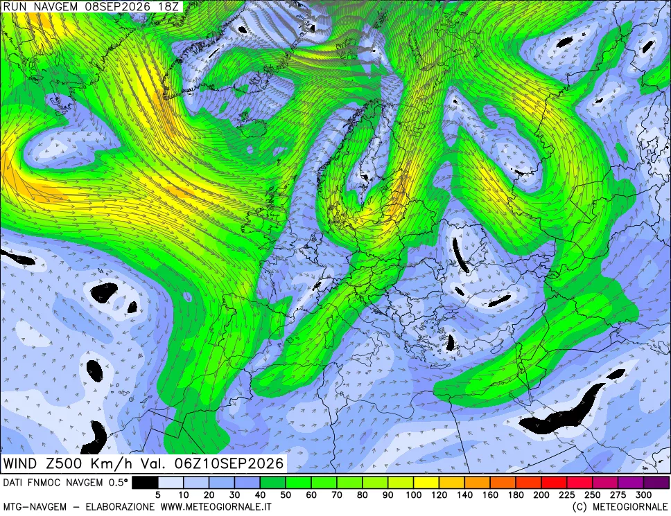 mappa Direzione e forza del vento a 500hPa