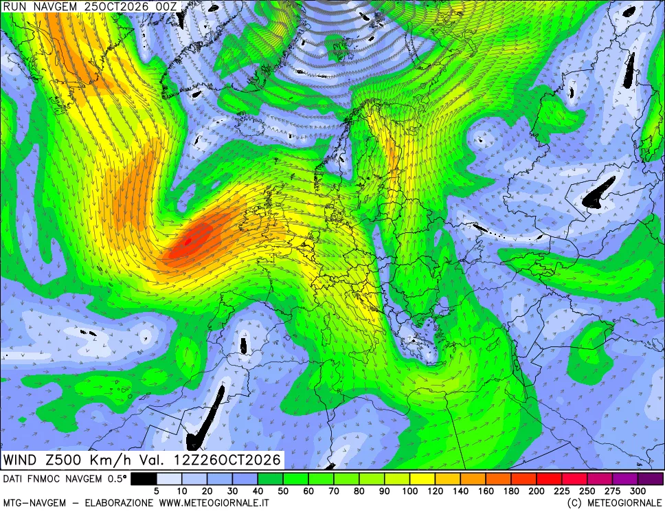 mappa Direzione e forza del vento a 500hPa