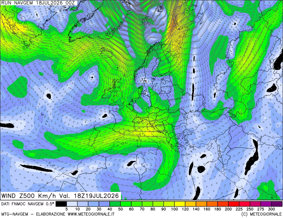 mappa Direzione e forza del vento a 500hPa