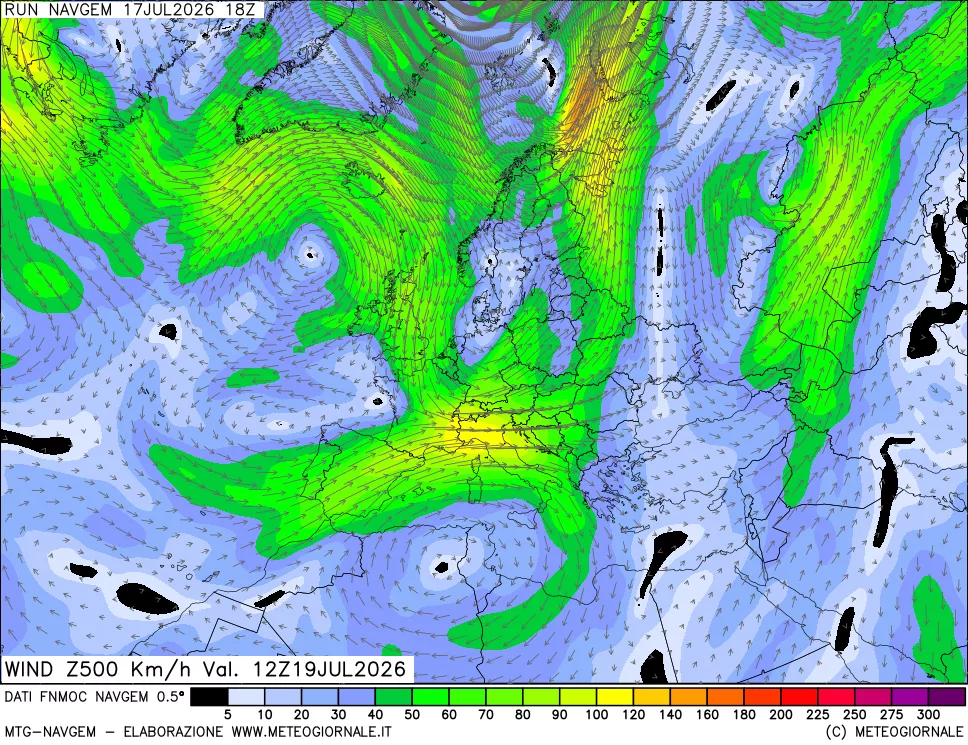mappa Direzione e forza del vento a 500hPa
