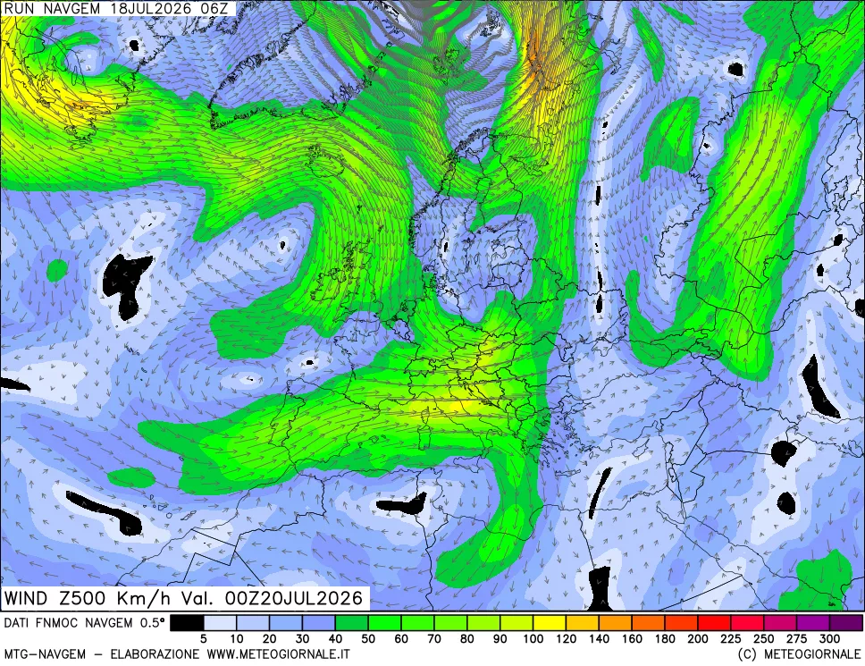 mappa Direzione e forza del vento a 500hPa