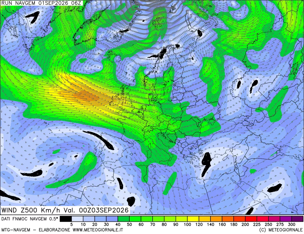 mappa Direzione e forza del vento a 500hPa