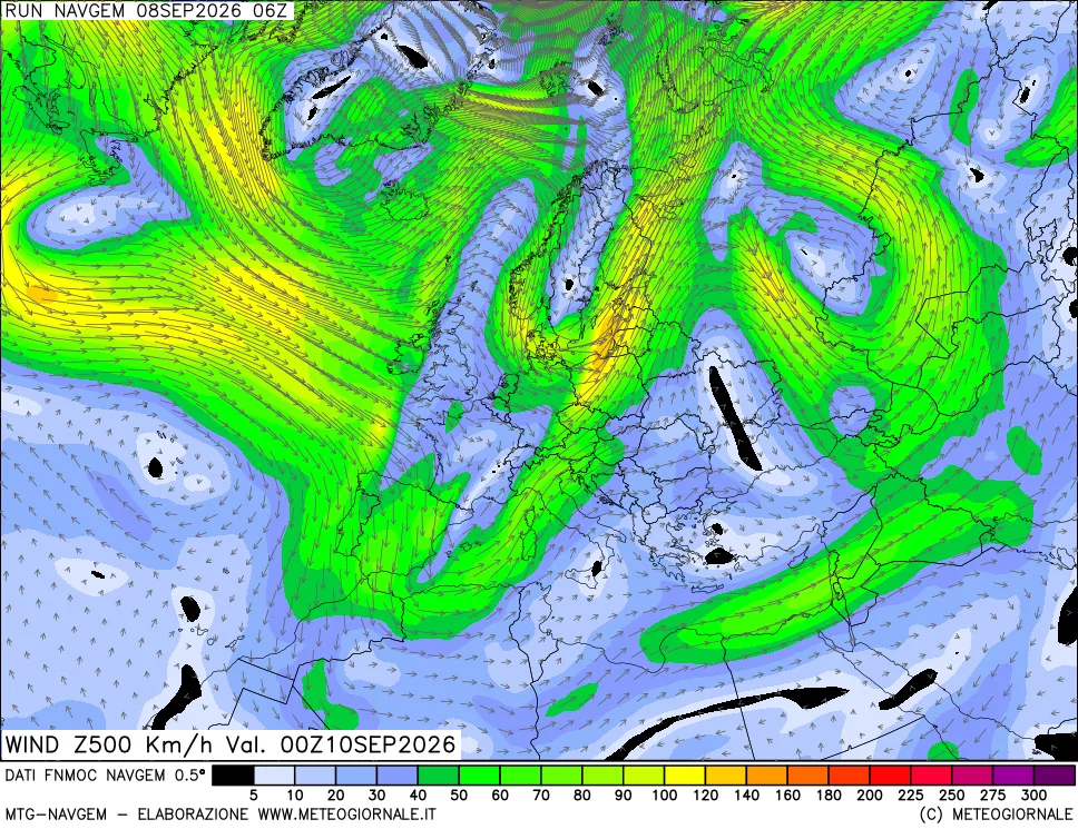 mappa Direzione e forza del vento a 500hPa