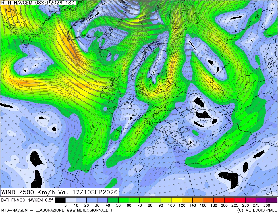 mappa Direzione e forza del vento a 500hPa