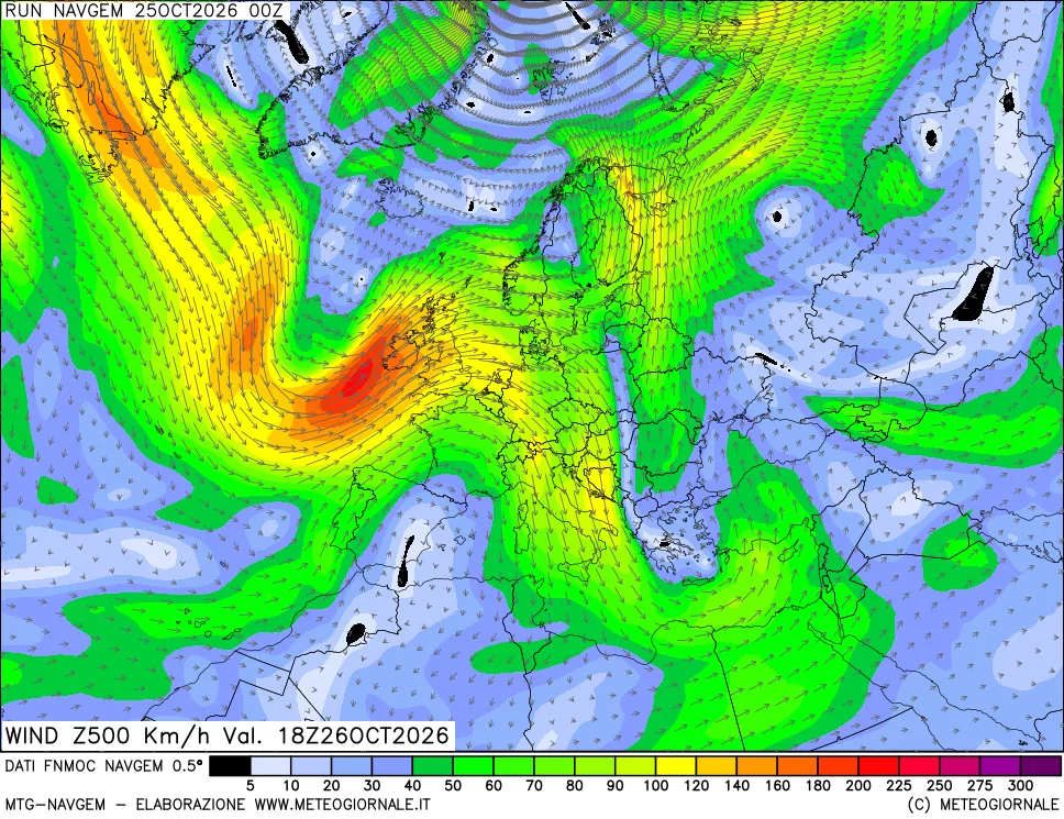mappa Direzione e forza del vento a 500hPa