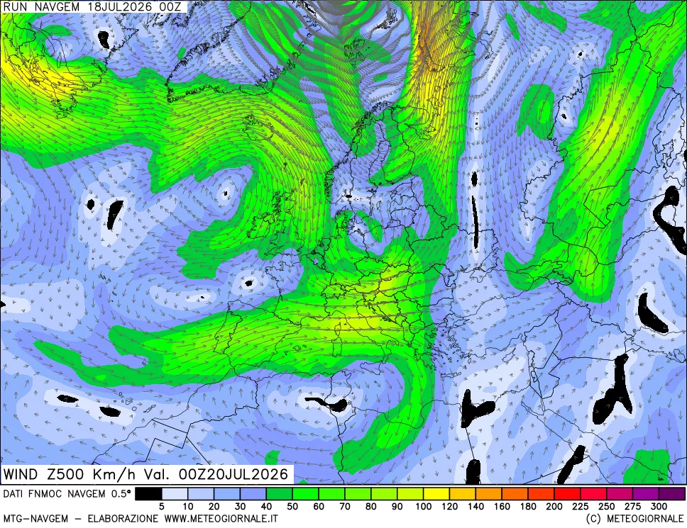 mappa Direzione e forza del vento a 500hPa