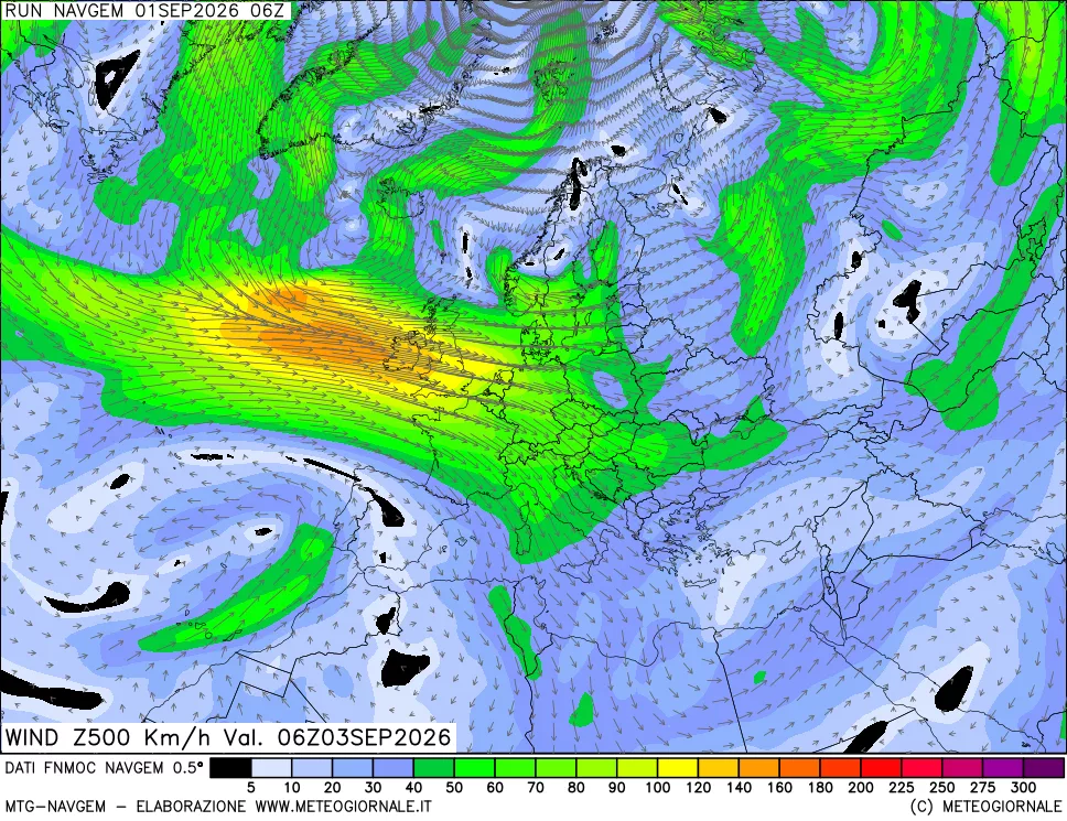 mappa Direzione e forza del vento a 500hPa