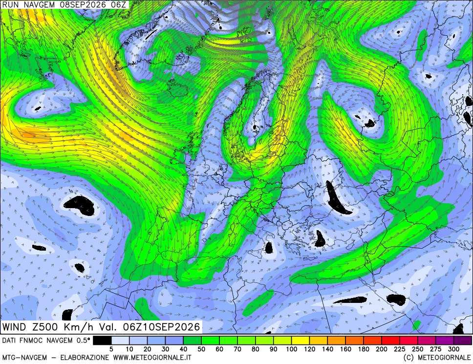 mappa Direzione e forza del vento a 500hPa