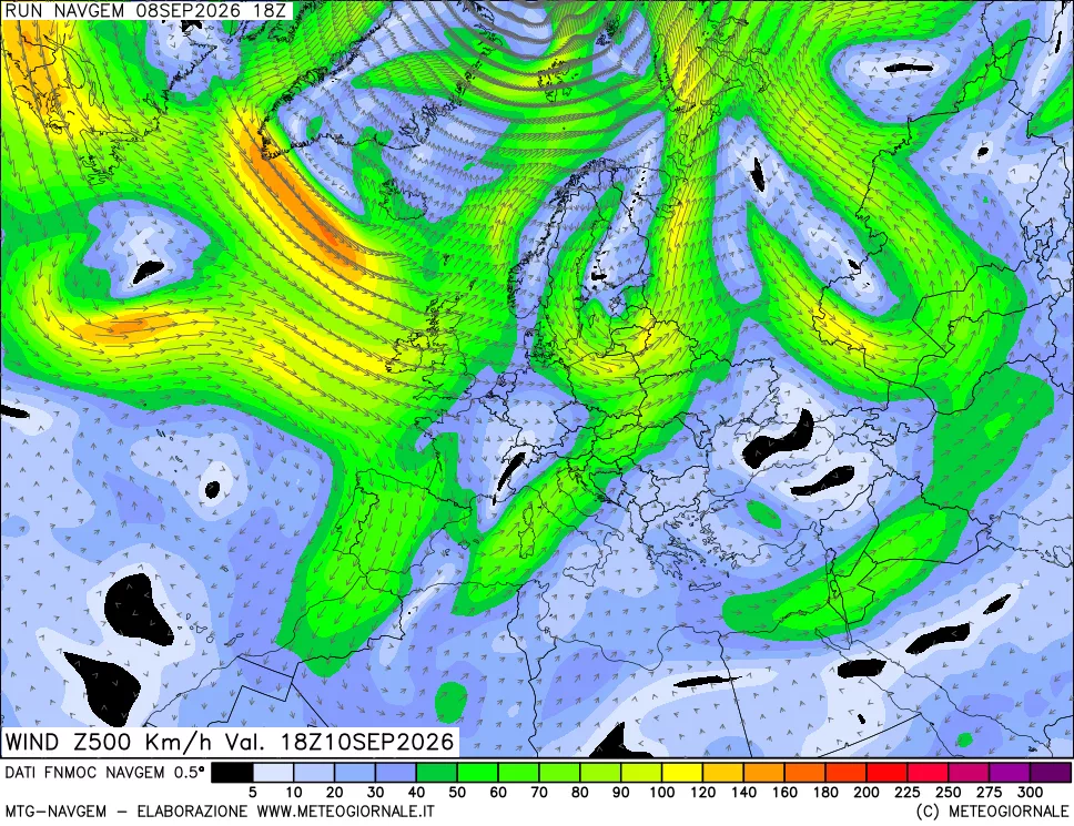 mappa Direzione e forza del vento a 500hPa