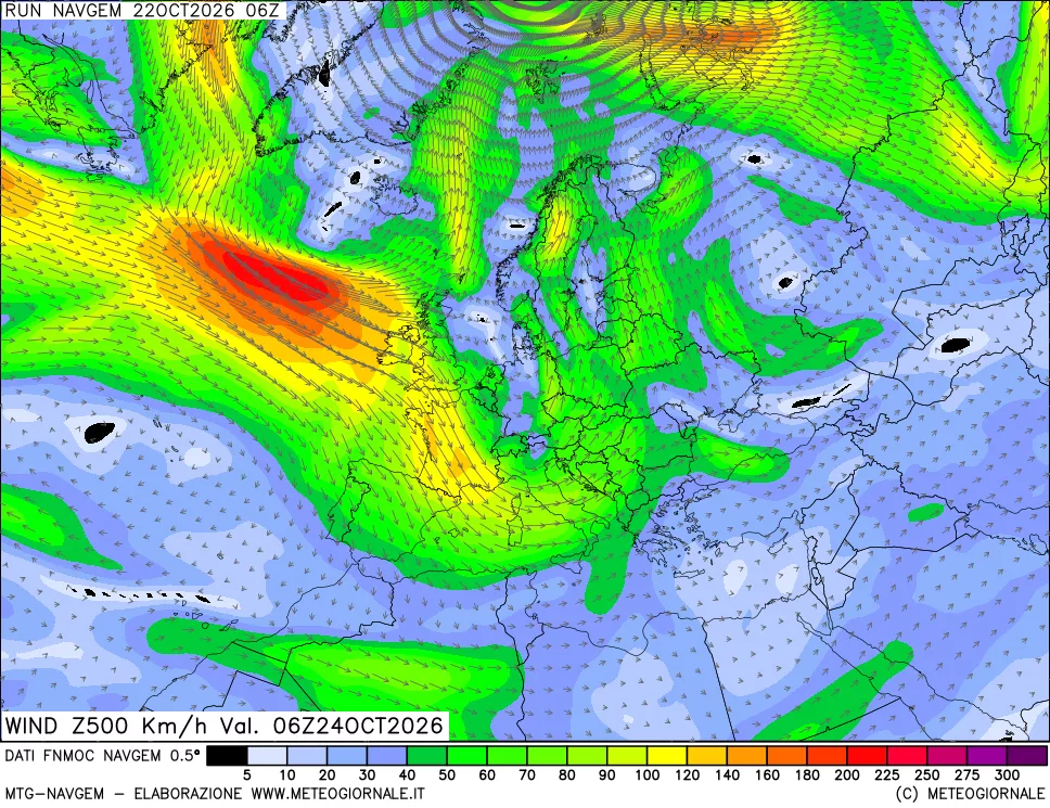 mappa Direzione e forza del vento a 500hPa