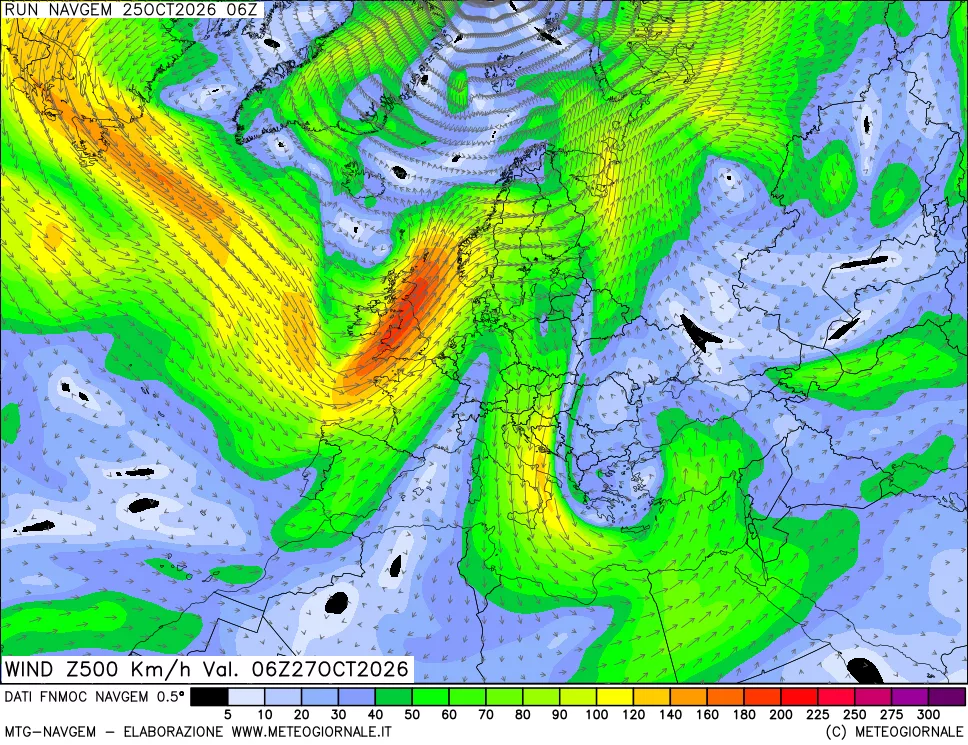 mappa Direzione e forza del vento a 500hPa