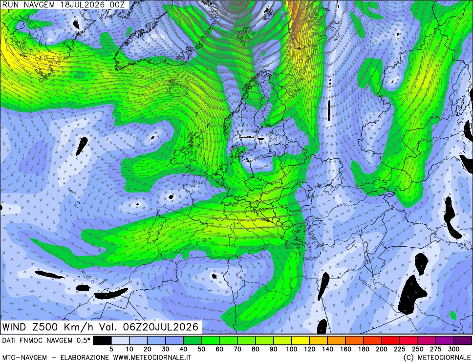 mappa Direzione e forza del vento a 500hPa