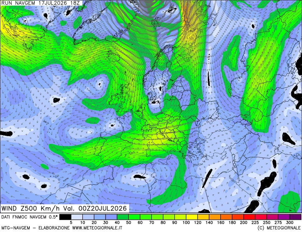 mappa Direzione e forza del vento a 500hPa