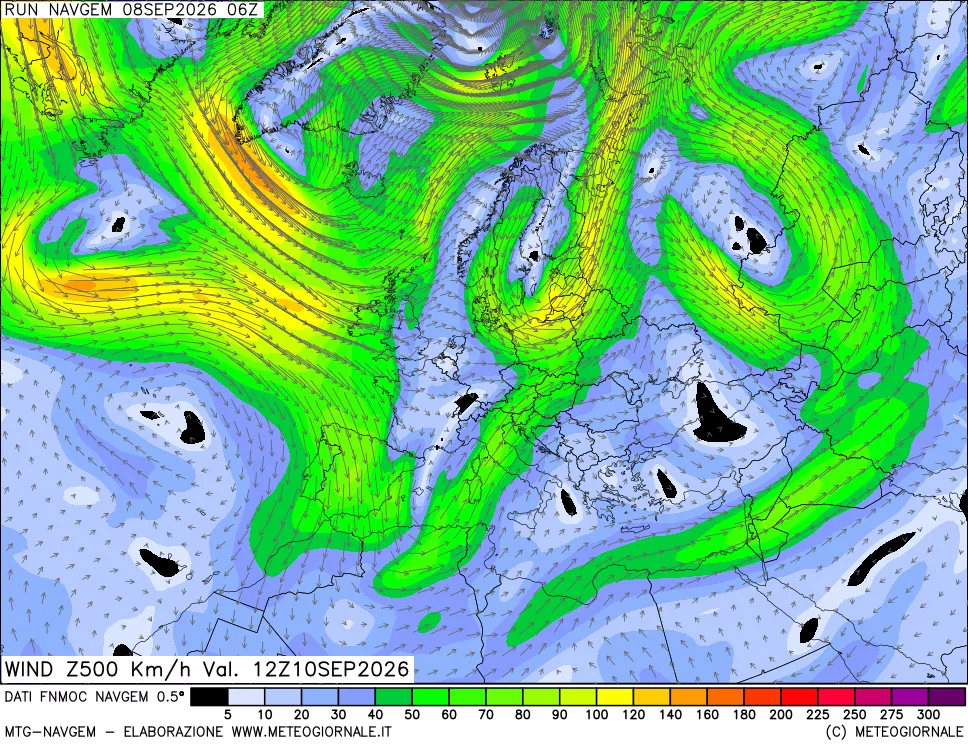 mappa Direzione e forza del vento a 500hPa