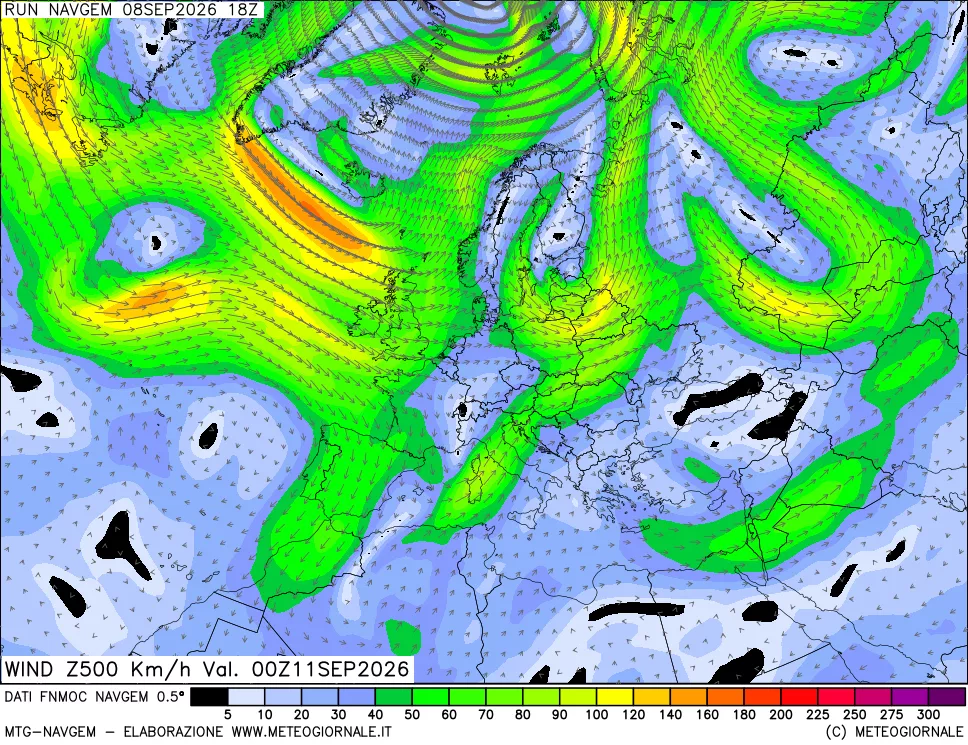 mappa Direzione e forza del vento a 500hPa