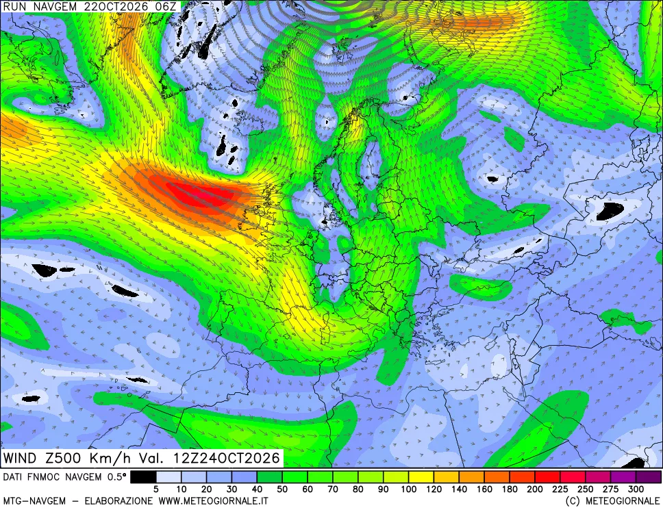 mappa Direzione e forza del vento a 500hPa