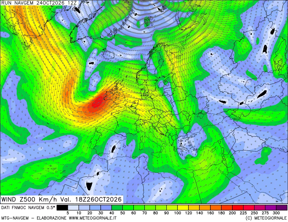 mappa Direzione e forza del vento a 500hPa
