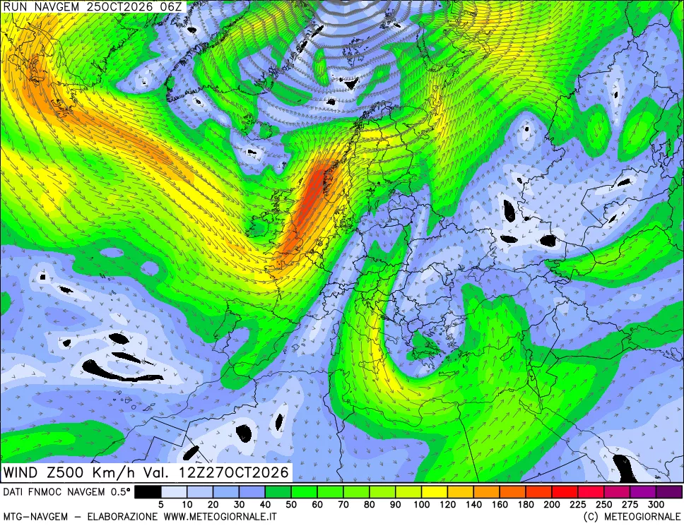 mappa Direzione e forza del vento a 500hPa