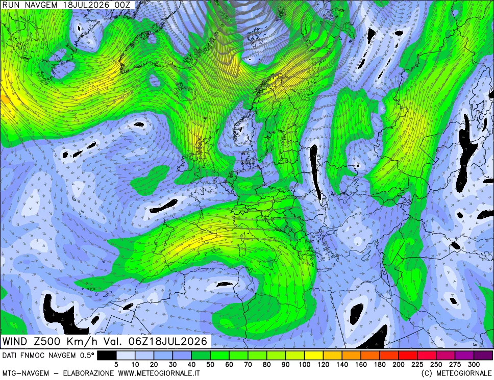 mappa Direzione e forza del vento a 500hPa