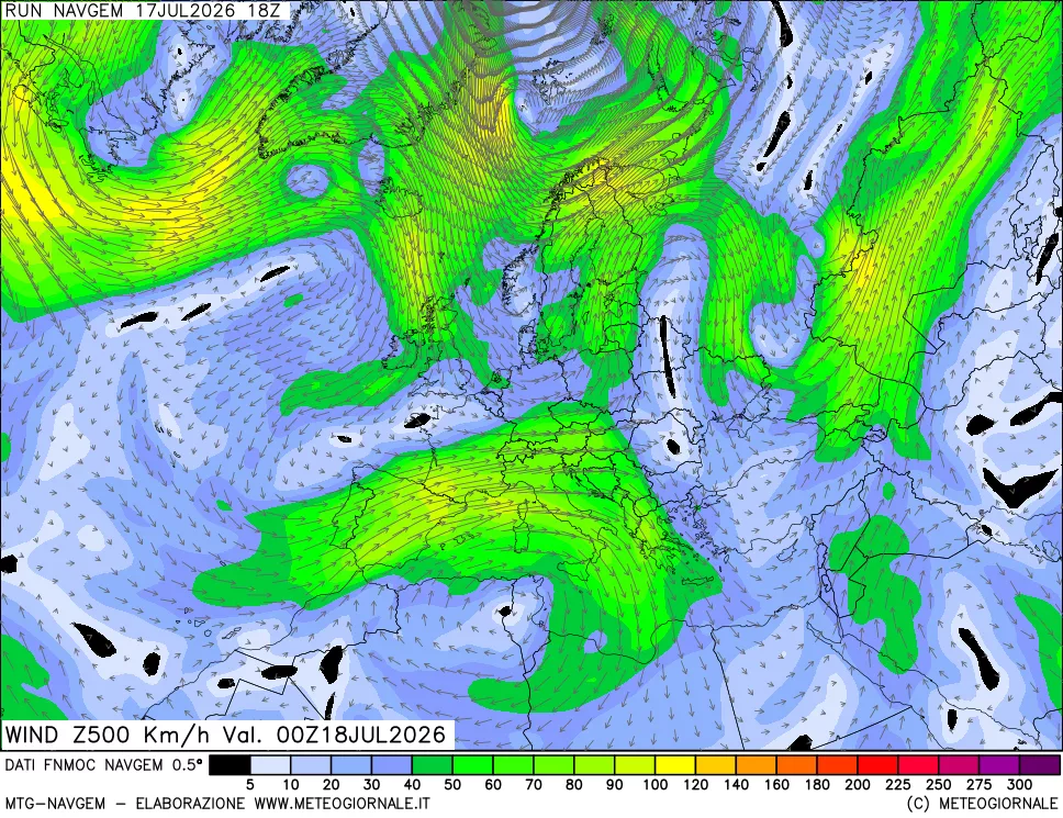 mappa Direzione e forza del vento a 500hPa