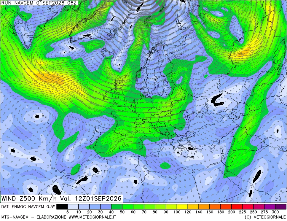 mappa Direzione e forza del vento a 500hPa
