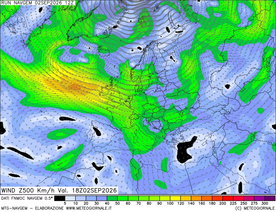 mappa Direzione e forza del vento a 500hPa