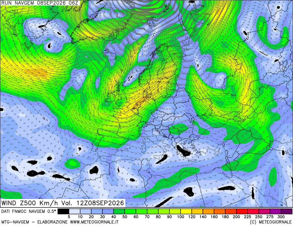 mappa Direzione e forza del vento a 500hPa