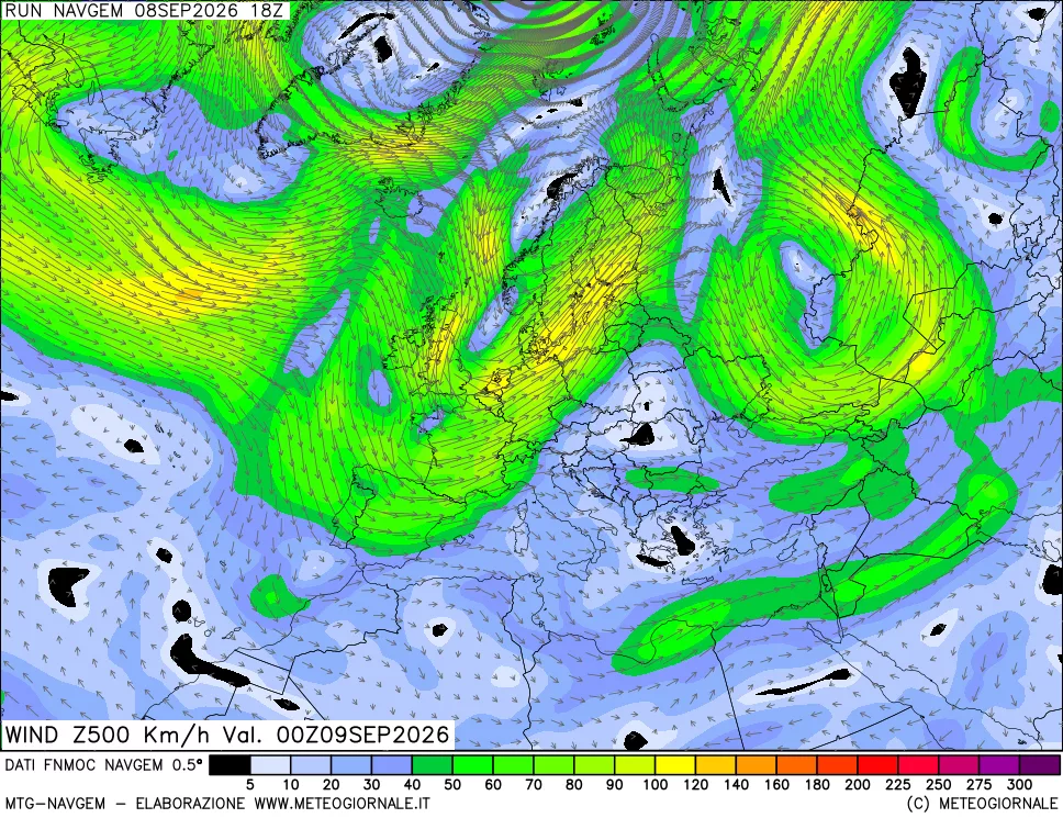 mappa Direzione e forza del vento a 500hPa