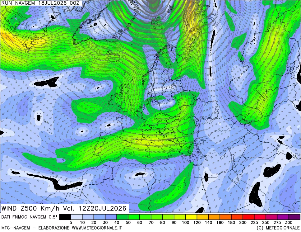 mappa Direzione e forza del vento a 500hPa
