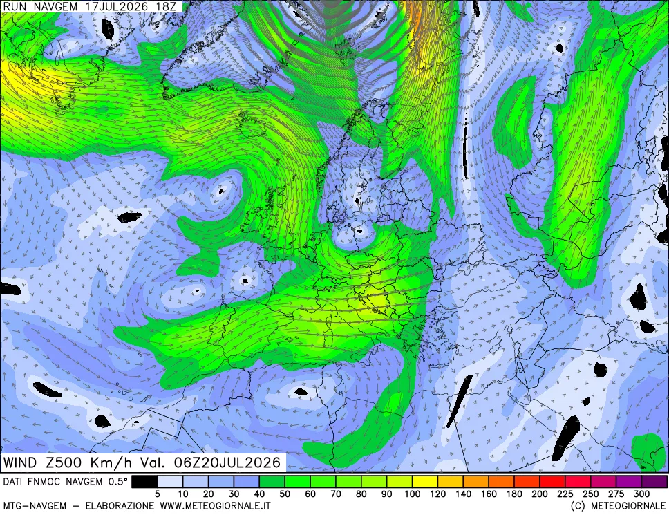 mappa Direzione e forza del vento a 500hPa