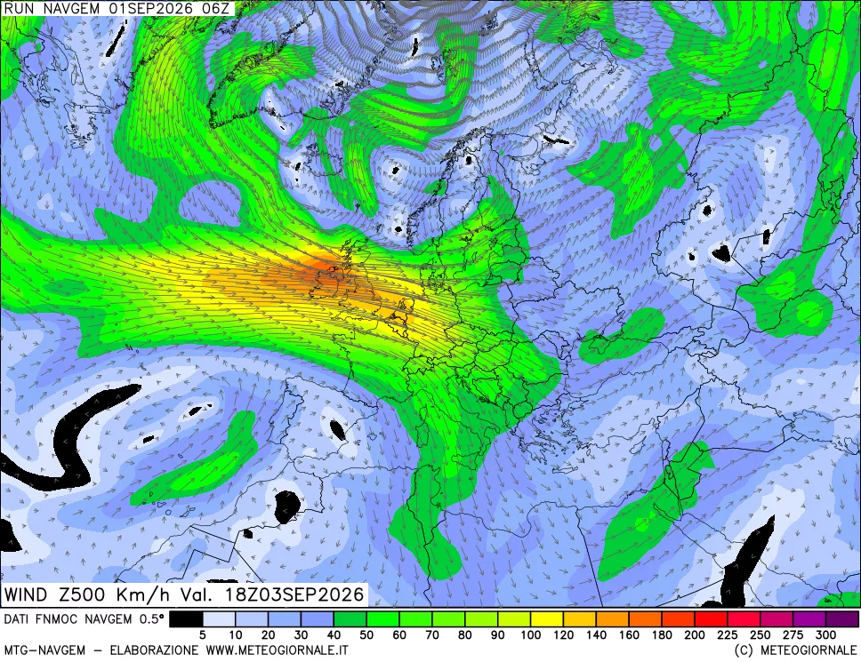 mappa Direzione e forza del vento a 500hPa