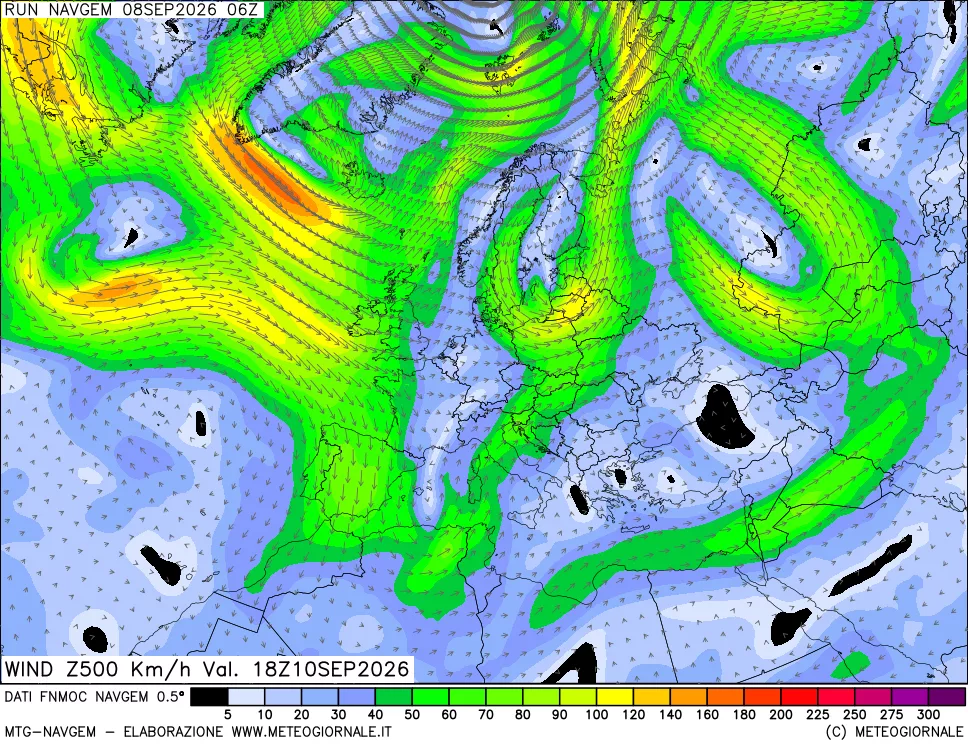 mappa Direzione e forza del vento a 500hPa