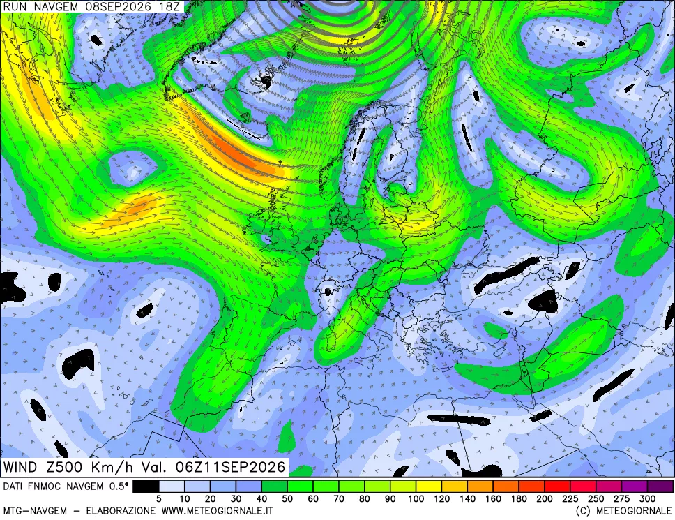 mappa Direzione e forza del vento a 500hPa