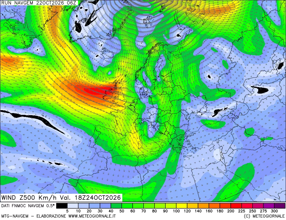 mappa Direzione e forza del vento a 500hPa