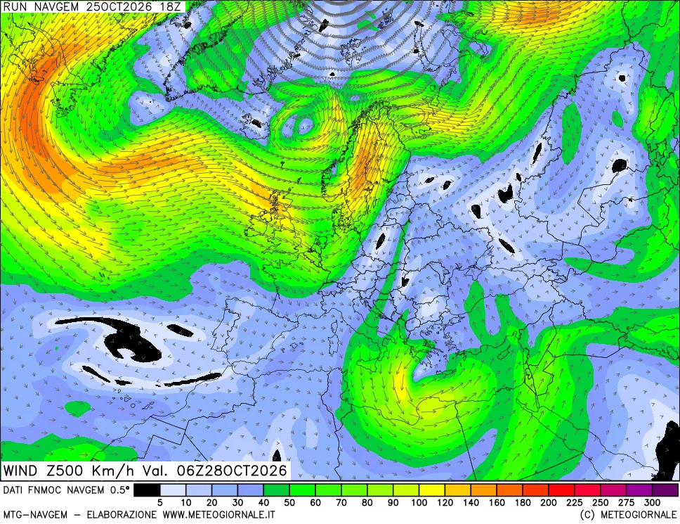 mappa Direzione e forza del vento a 500hPa