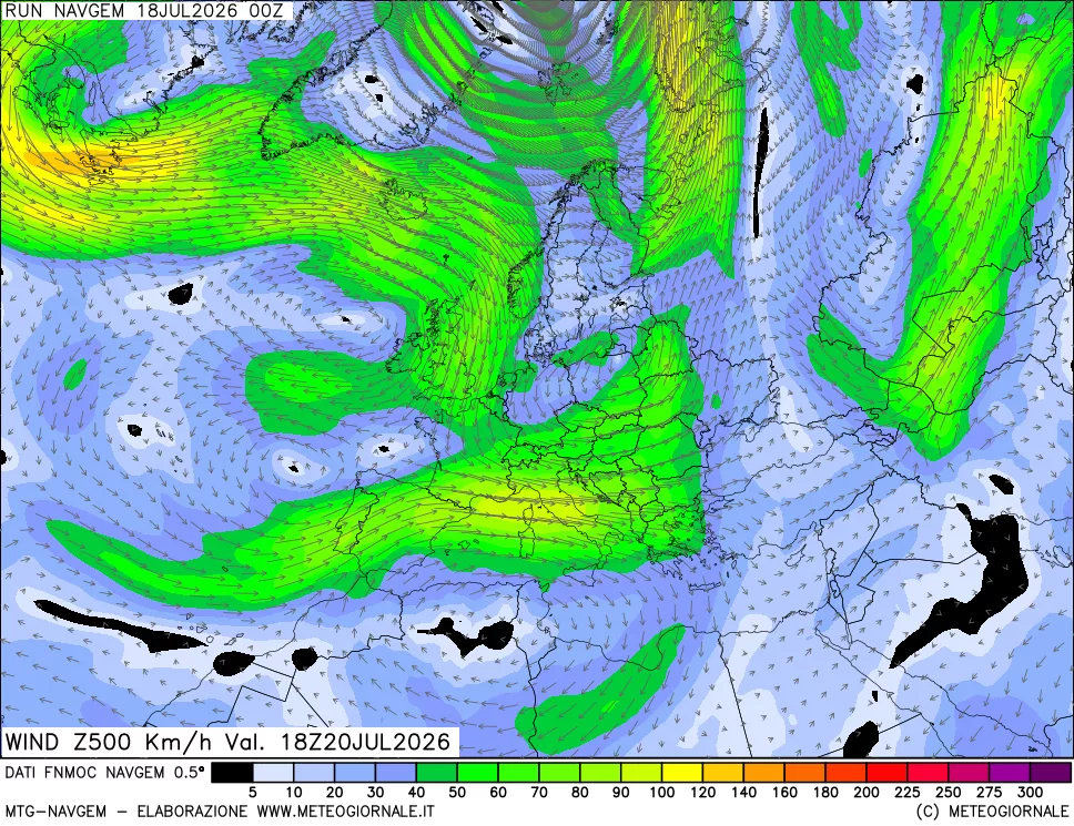 mappa Direzione e forza del vento a 500hPa