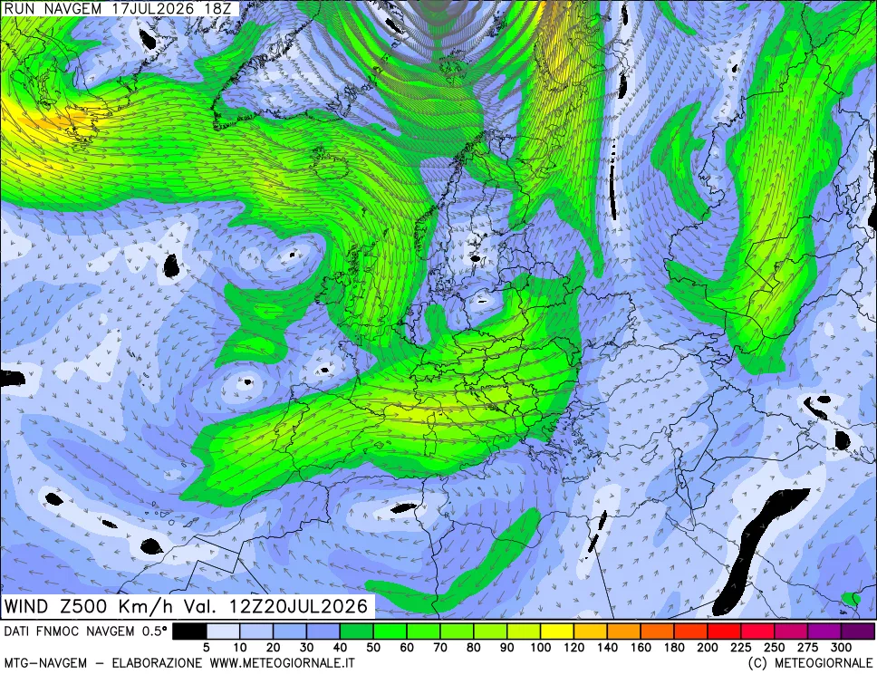mappa Direzione e forza del vento a 500hPa