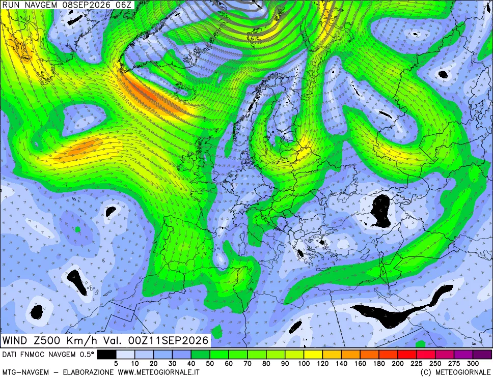 mappa Direzione e forza del vento a 500hPa
