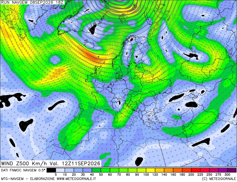 mappa Direzione e forza del vento a 500hPa
