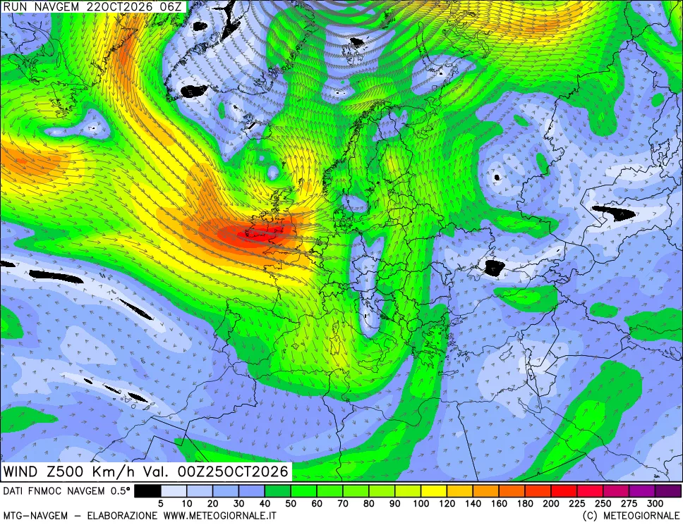 mappa Direzione e forza del vento a 500hPa