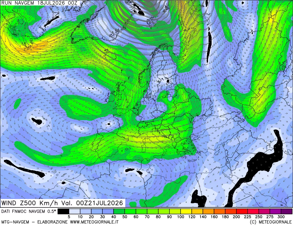 mappa Direzione e forza del vento a 500hPa