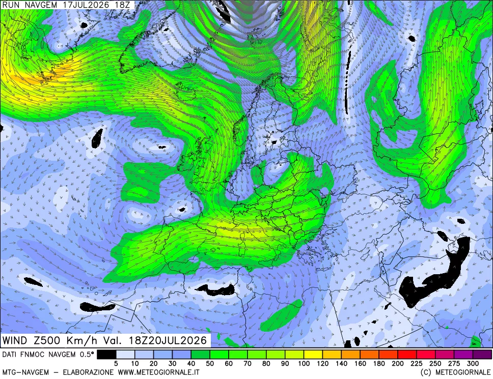 mappa Direzione e forza del vento a 500hPa