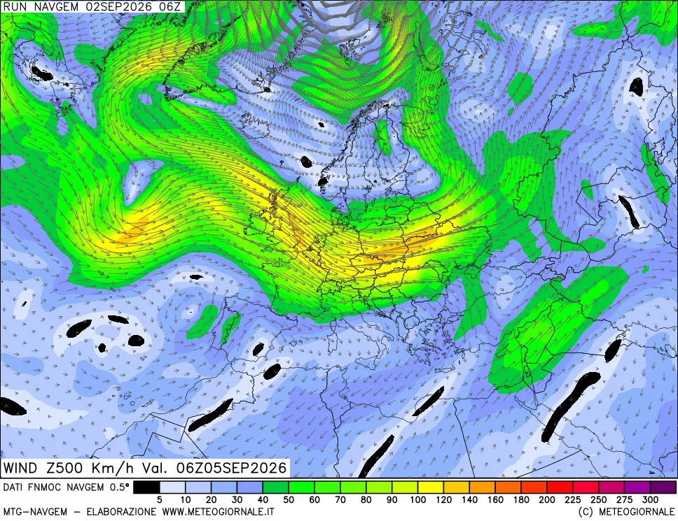 mappa Direzione e forza del vento a 500hPa