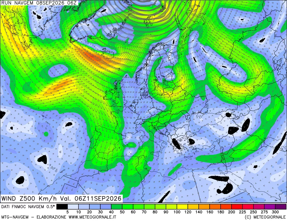 mappa Direzione e forza del vento a 500hPa